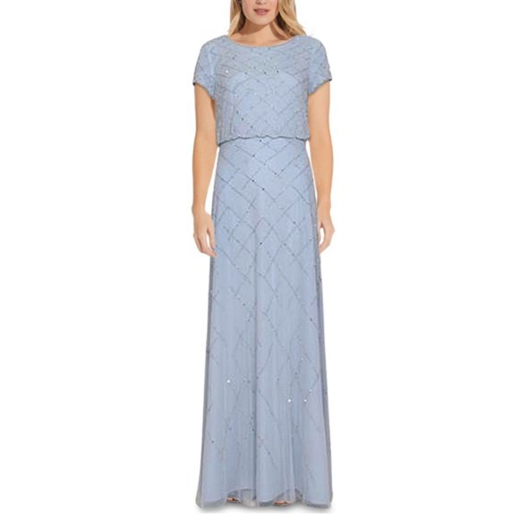 Adrianna Papell Womens Beaded Short Sleeve Blouson Gown Formal Dress Size 4 Blue - Picture 1 of 8